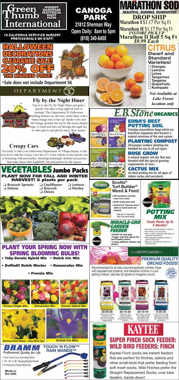 A collage of advertisements for gardening products, Halloween decorations, sod, organic items, vegetables, fertilizers, bird feed, and gardening tools from various stores.