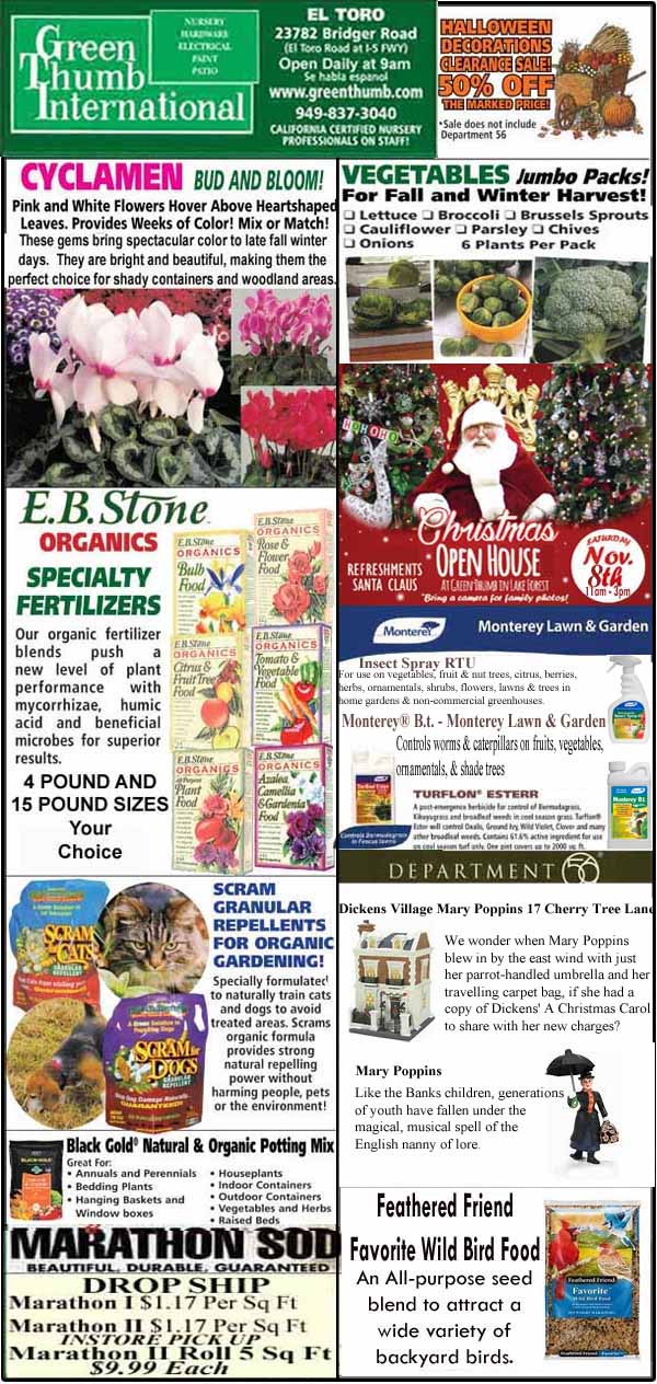 A collage of advertisements for gardening supplies, organic fertilizers, seeds, a holiday event, and wild bird feed from various companies and stores.