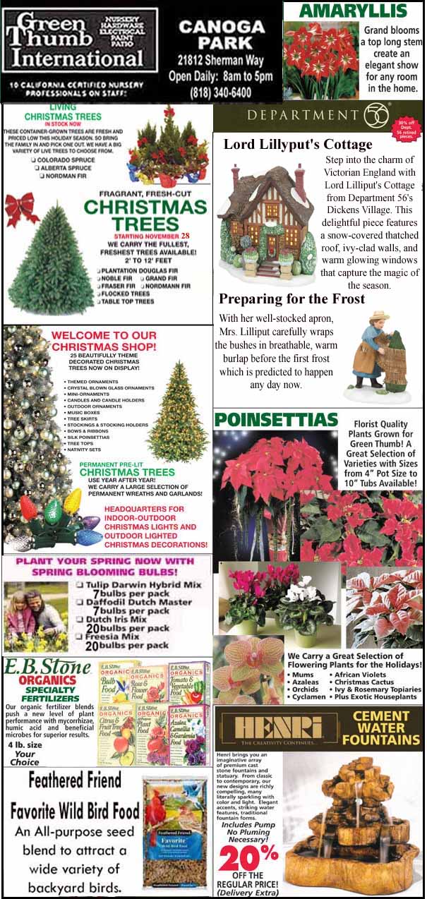 A holiday-themed garden center ad features Christmas trees, poinsettias, amaryllis, gardening supplies, and a decorative Lord Lillyput's Cottage, with festive offers and store details.