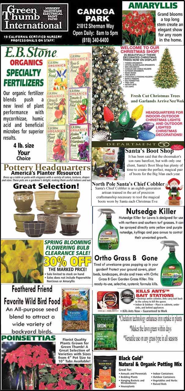 A collage of ads for Green Thumb International nursery with promotions for plants, potting soils, bird food, Christmas trees, and lawn care products, plus store info and hours.