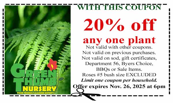 Coupon for Green Thumb Nursery offering 20% off any one plant, with exclusions and conditions; expires Nov. 26, 2025, at 6pm.