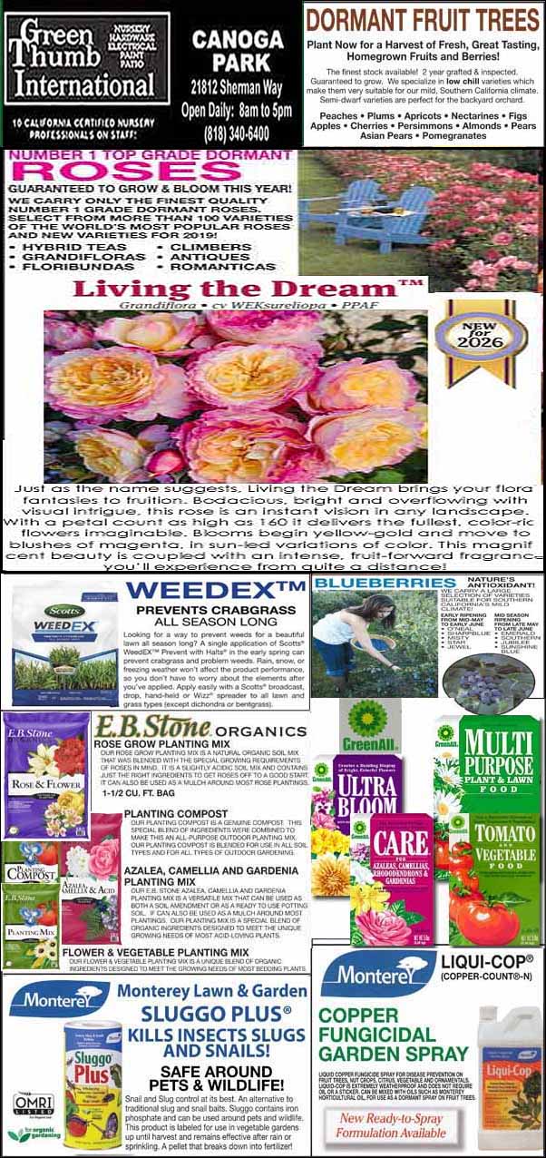 A collage of gardening product ads, including flowers, fruit trees, fertilizers, weed killers, and organic soil, with colorful images and text promoting each item.