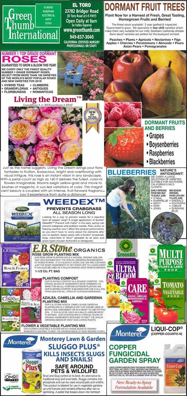 A collage of gardening product ads featuring fruit trees, flowering plants, fertilizers, weed killers, pest control, and descriptions for each product.