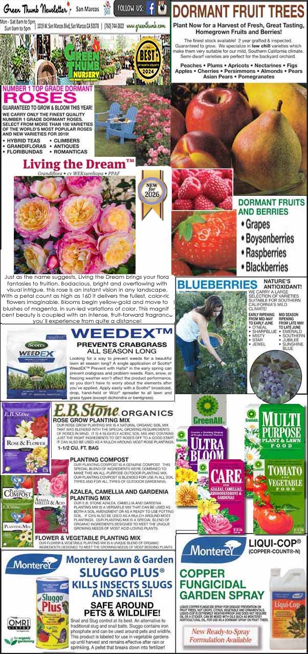 A collage of gardening advertisements featuring fruit trees, flowers, planting mixes, weed control, plant food, and pest control products, with colorful images of plants and product packaging.