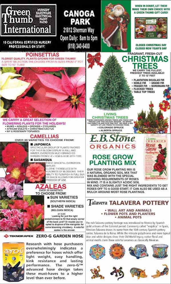 Collage of Green Thumb Nursery ads promoting Christmas trees, poinsettias, camellias, azaleas, garden supplies, organic soil, Talavera pottery, and zero-g garden hoses.