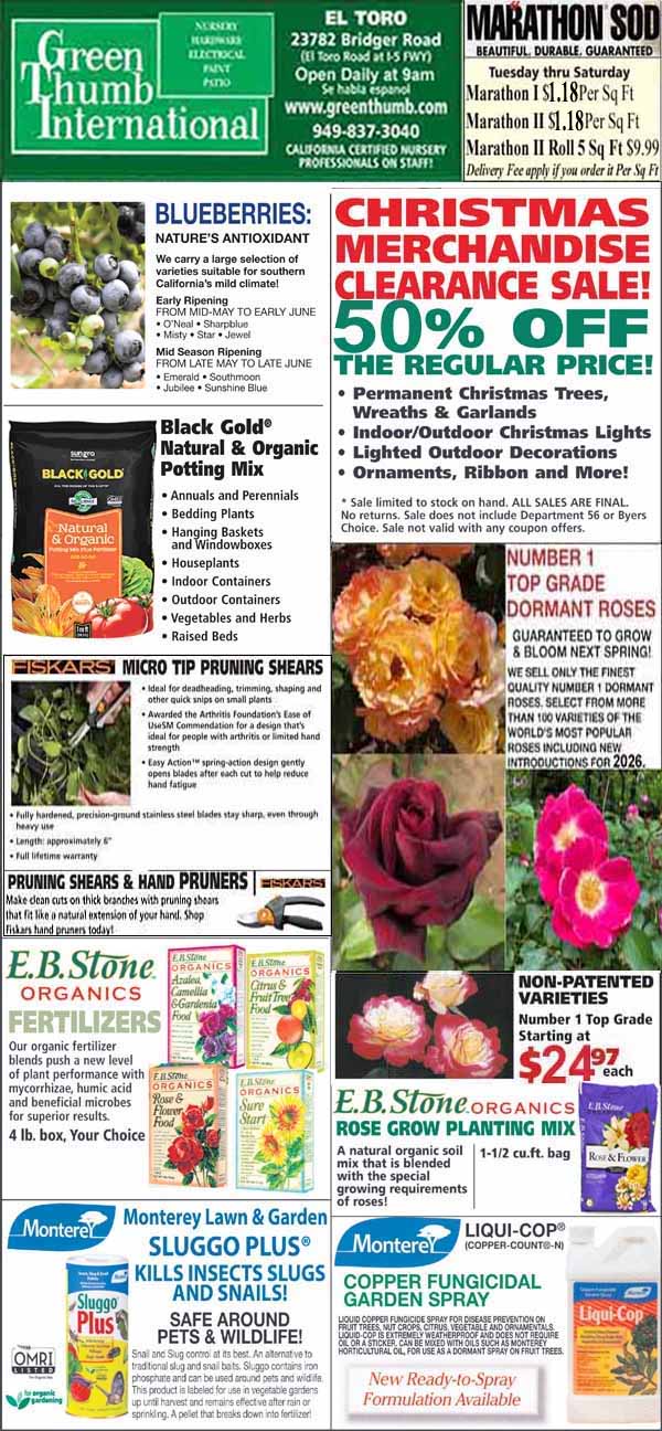 A garden center ad featuring sales on Christmas merchandise, blueberries, pruning tools, fertilizers, pest control, and plant food, alongside images of plants, flowers, and gardening products.
