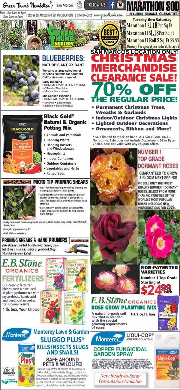 A garden center newsletter advertises sales on blueberries, potting soil, fertilizers, Christmas items, garden products, and plants with images and colorful promotional banners.