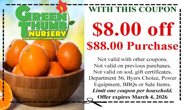 Green Thumb Nursery coupon offering $8 off an $88 purchase, with exclusions listed and an expiration date of March 4, 2026. Oranges pictured on the left.