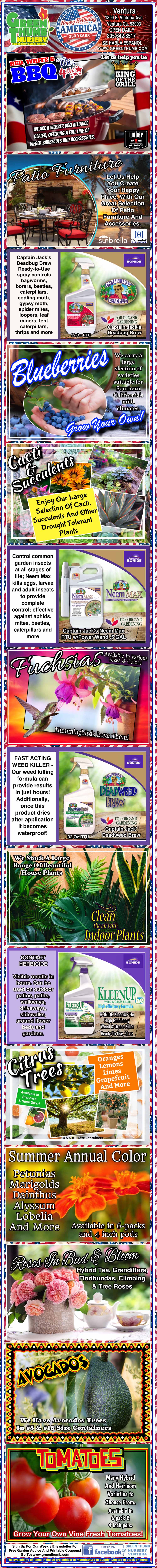 A vertical collage of twelve colorful advertisements for gardening and plant-related products, services, and books, each with texts, images of plants, and promotional graphics.