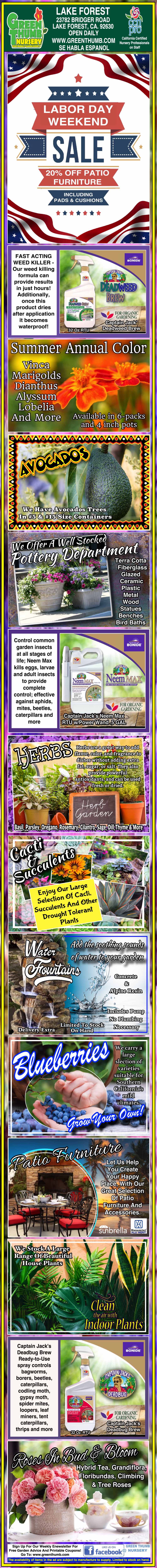 Tall promotional flyer for Humboldts Secret Plant Food, featuring July 4th sale details, images of fertilizers, crops, testimonials, and information about blueberry cultivation.