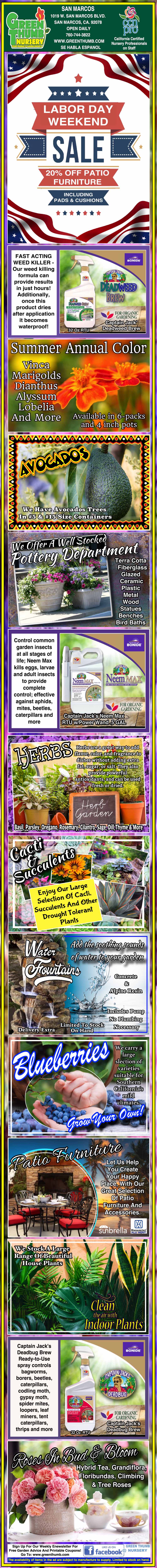 Promotional flyer for plant fertilizer products, featuring images of plants, fruits, product bottles, sale information, and testimonials, with colorful borders and text sections throughout.