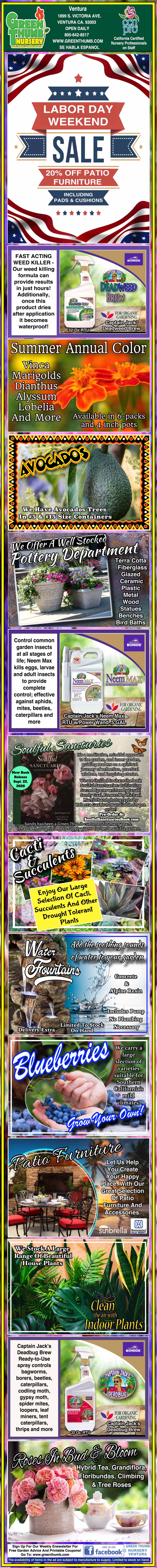 Promotional flyer featuring various plant foods and fertilizers, product images, sale details, plant photos, and cultivation tips for fruit and vegetable gardens.